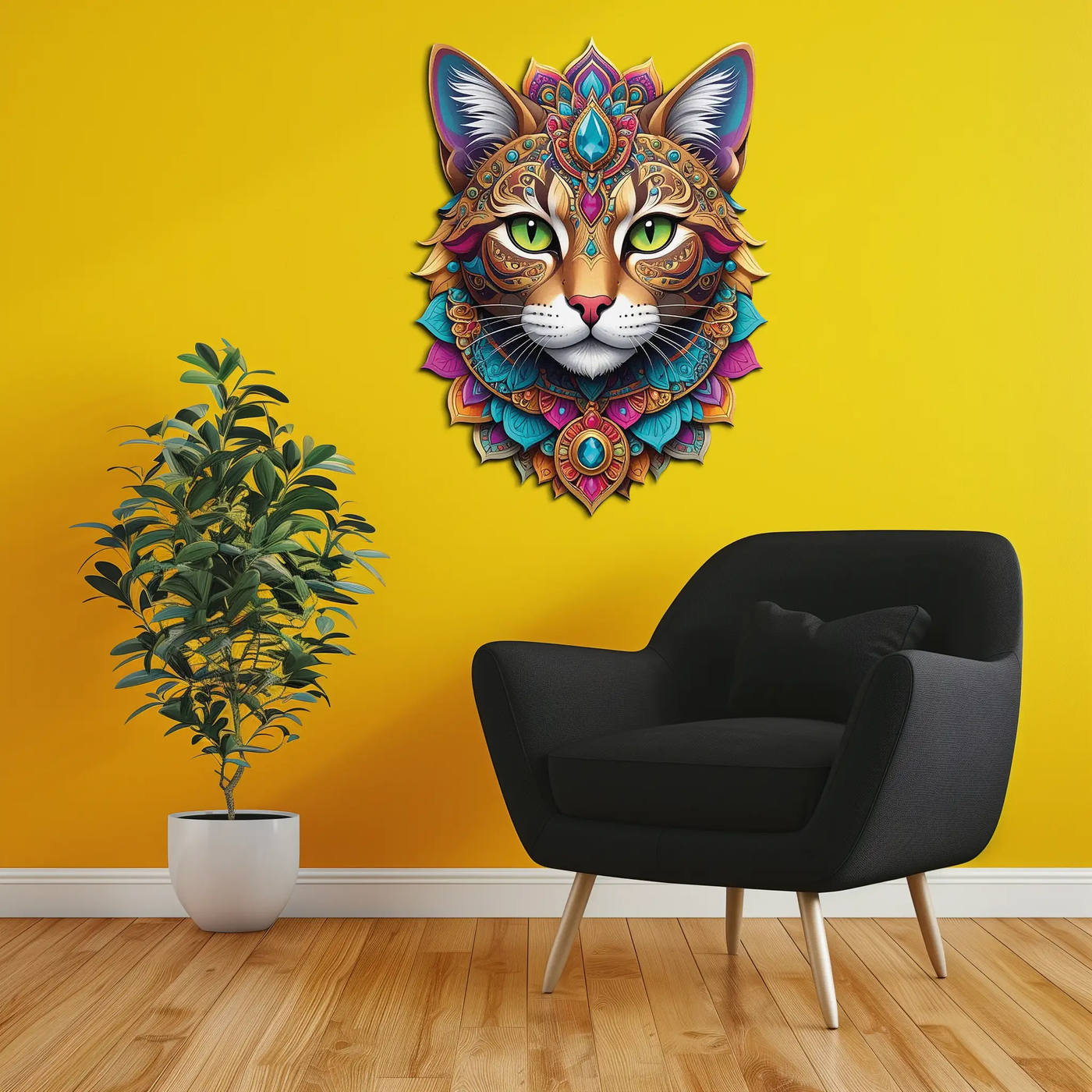 Psychedelic Mandala Cat Wall Art – Vibrant Boho Decor-KAFUVM025 by Enova Art