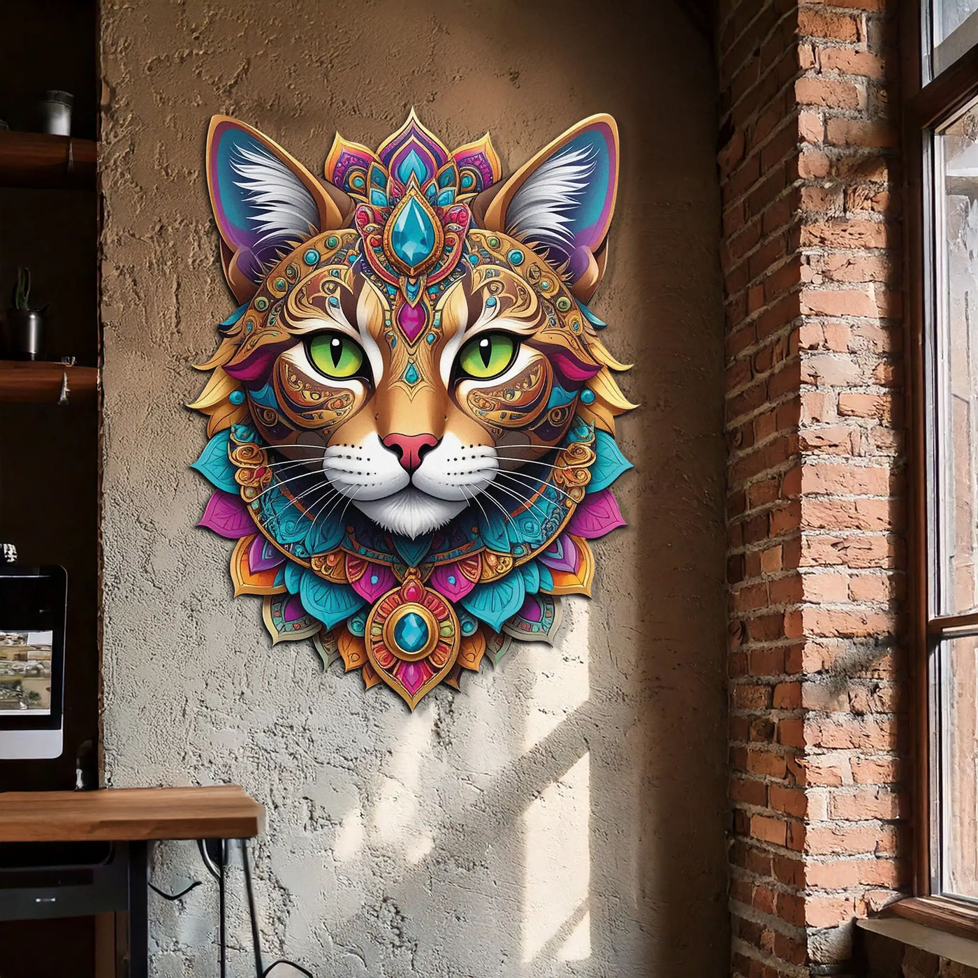 Psychedelic Mandala Cat Wall Art – Vibrant Boho Decor-KAFUVM025 by Enova Art