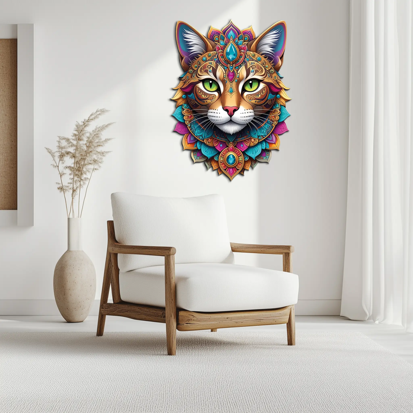 Psychedelic Mandala Cat Wall Art – Vibrant Boho Decor-KAFUVM025 by Enova Art