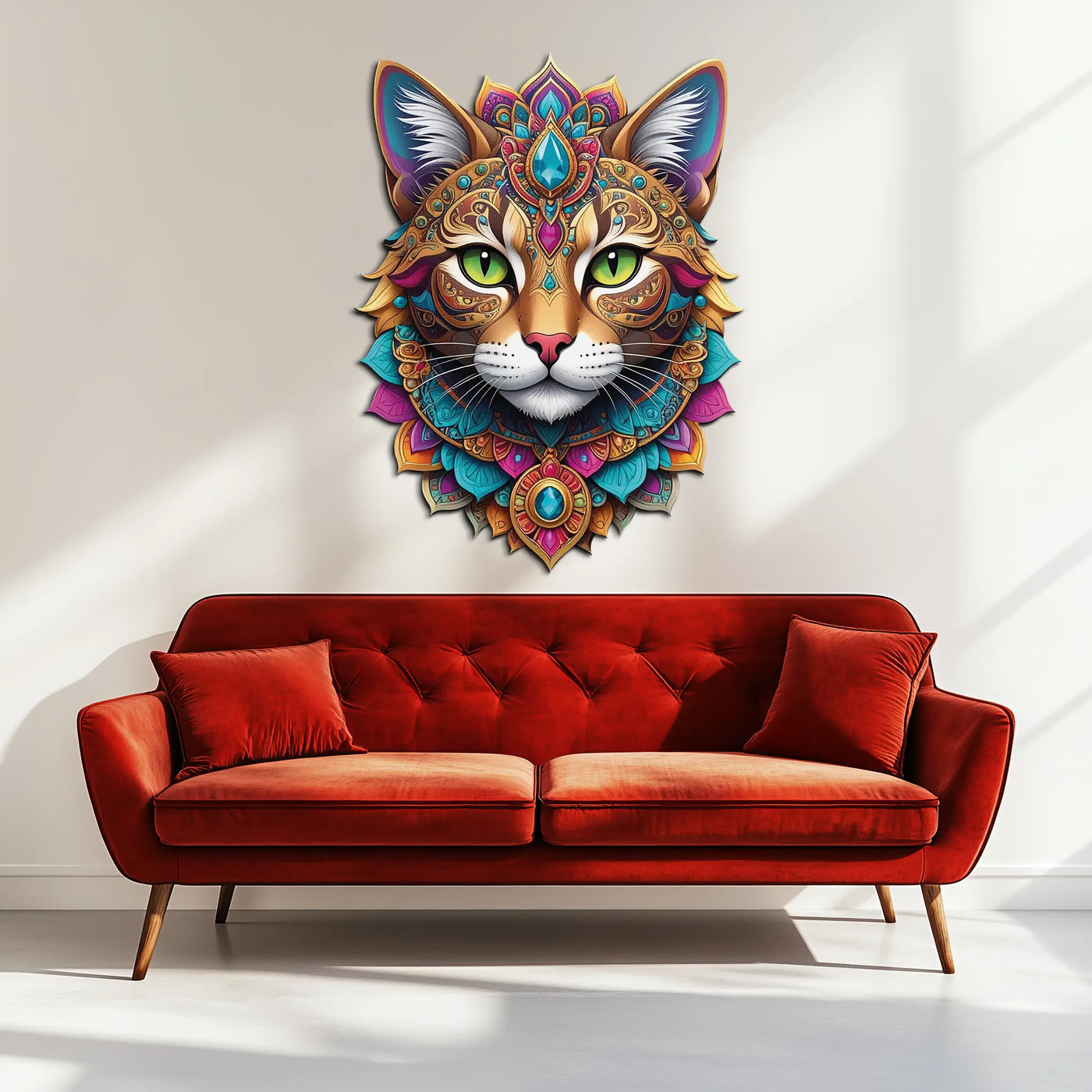 Psychedelic Mandala Cat Wall Art – Vibrant Boho Decor-KAFUVM025 by Enova Art
