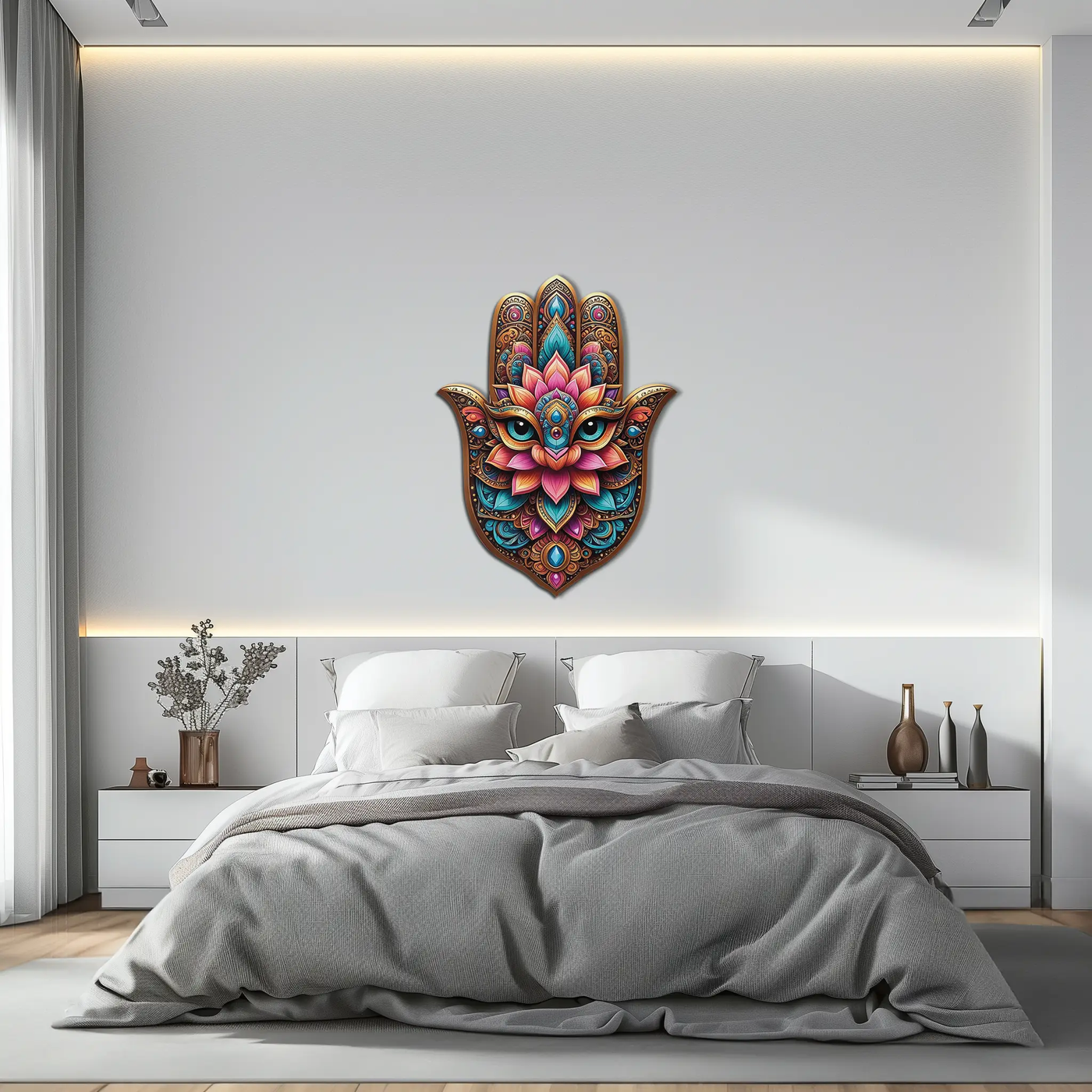 Mystic Hamsa Hand Metal Wall Art – Boho Evil Eye Decor-KAFUVM030 by Enova Art
