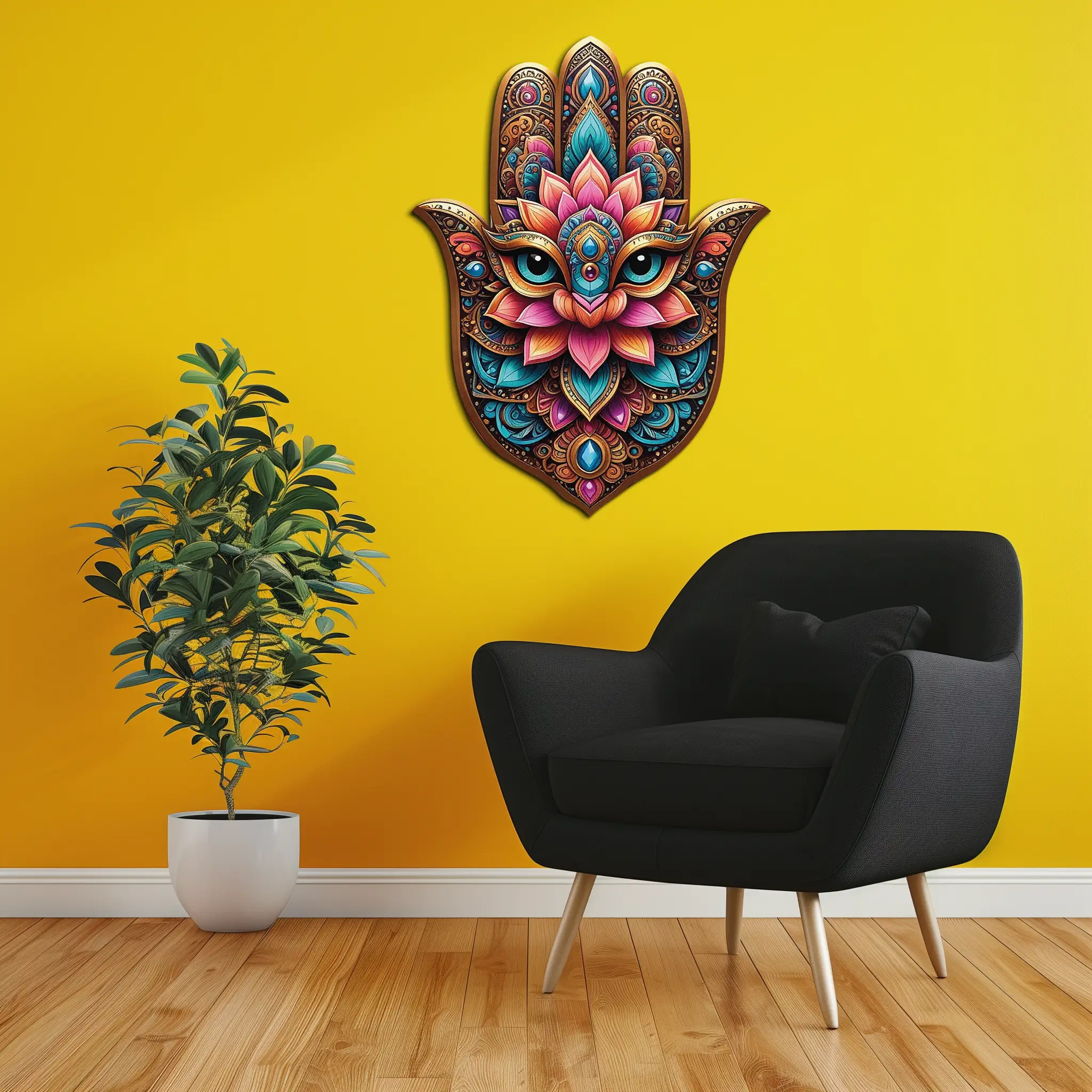 Mystic Hamsa Hand Metal Wall Art – Boho Evil Eye Decor-KAFUVM030 by Enova Art