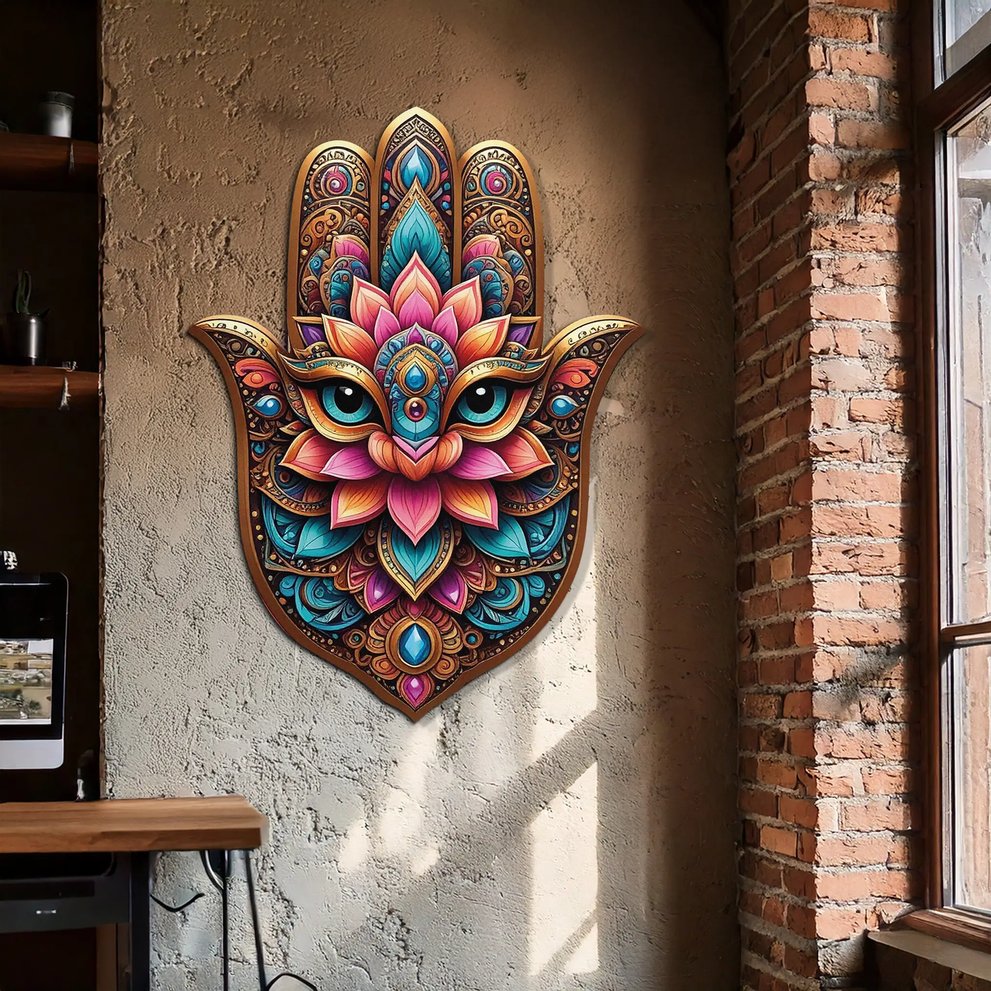Mystic Hamsa Hand Metal Wall Art – Boho Evil Eye Decor-KAFUVM030 by Enova Art