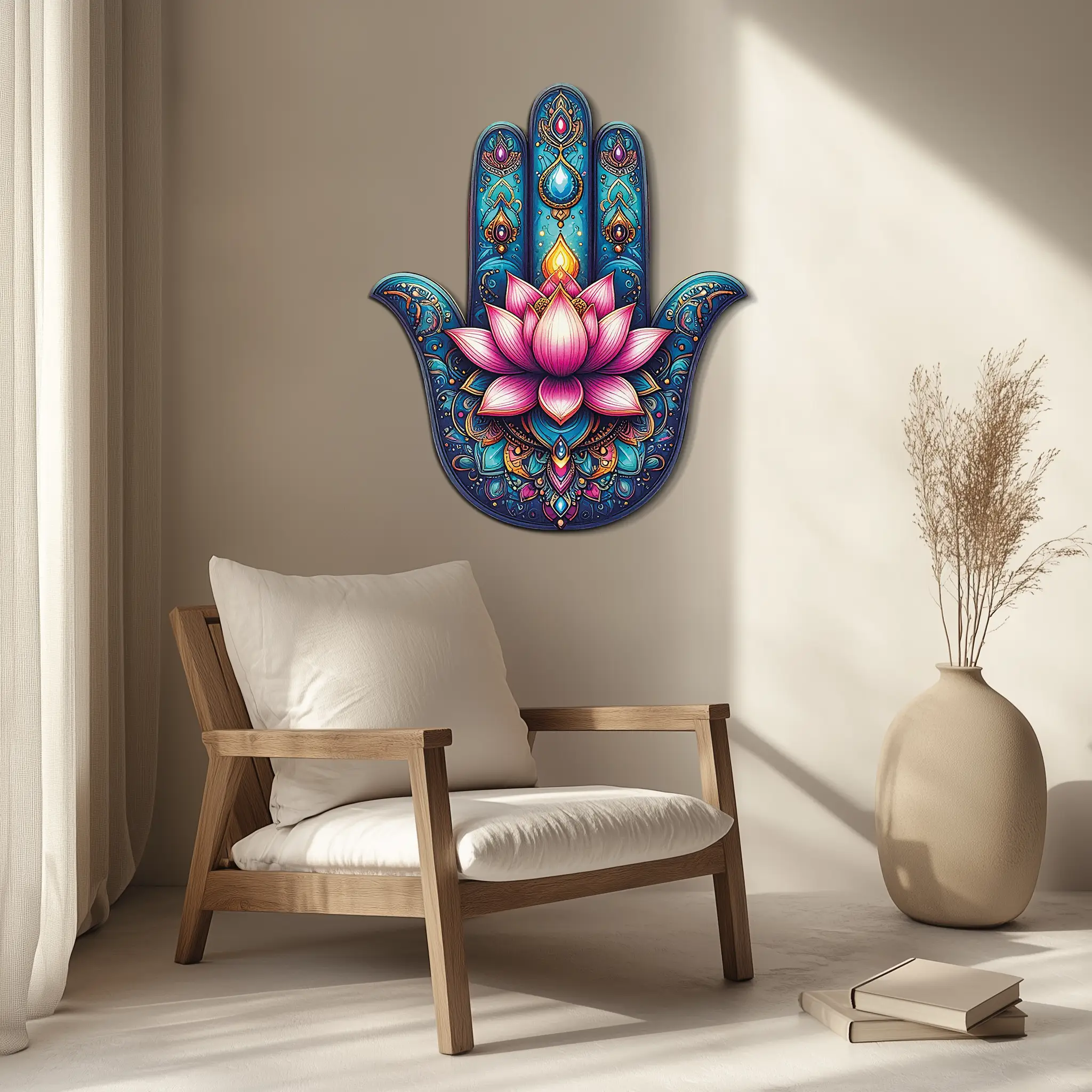 Lotus Hamsa Hand Metal Wall Art – Mystic Boho Decor-KAFUVM035 by Enova Art