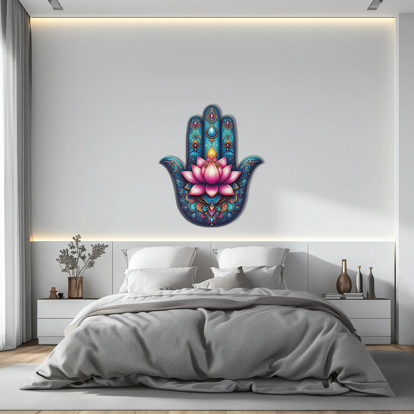 Lotus Hamsa Hand Metal Wall Art – Mystic Boho Decor-KAFUVM035 by Enova Art
