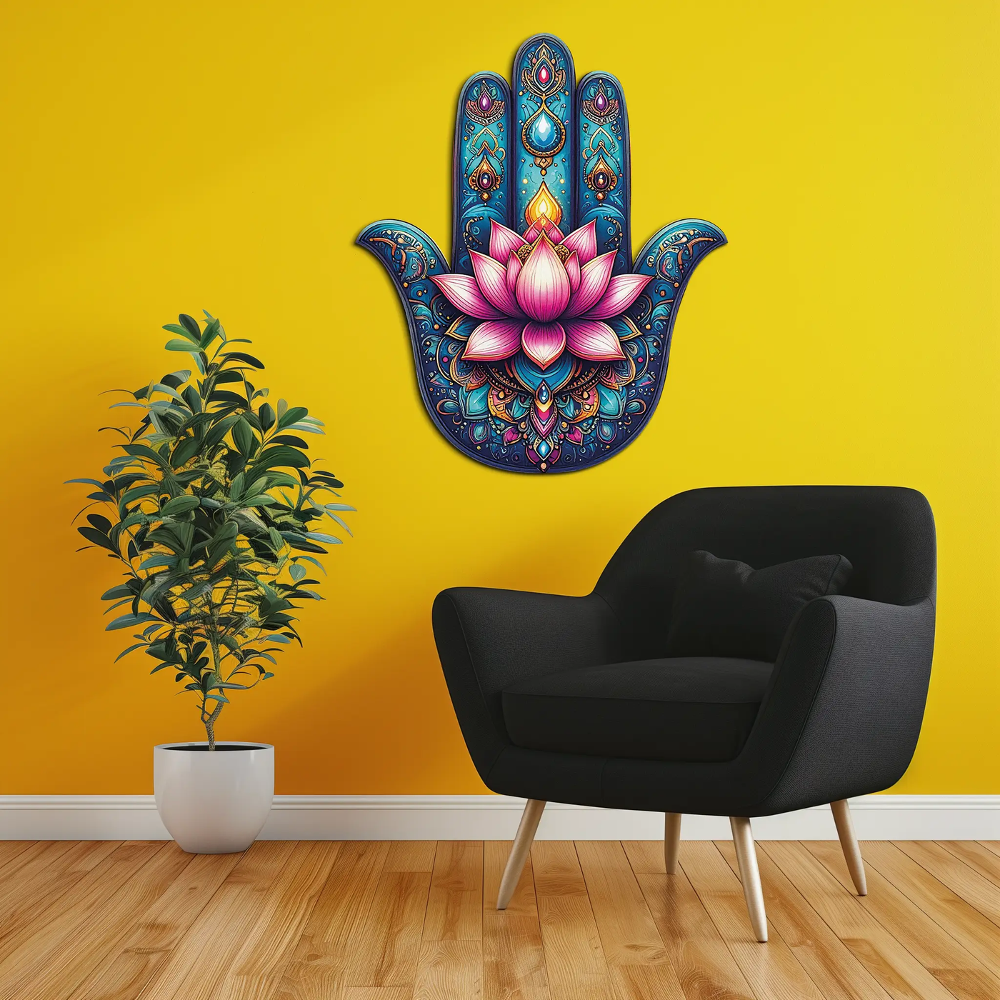 Lotus Hamsa Hand Metal Wall Art – Mystic Boho Decor-KAFUVM035 by Enova Art