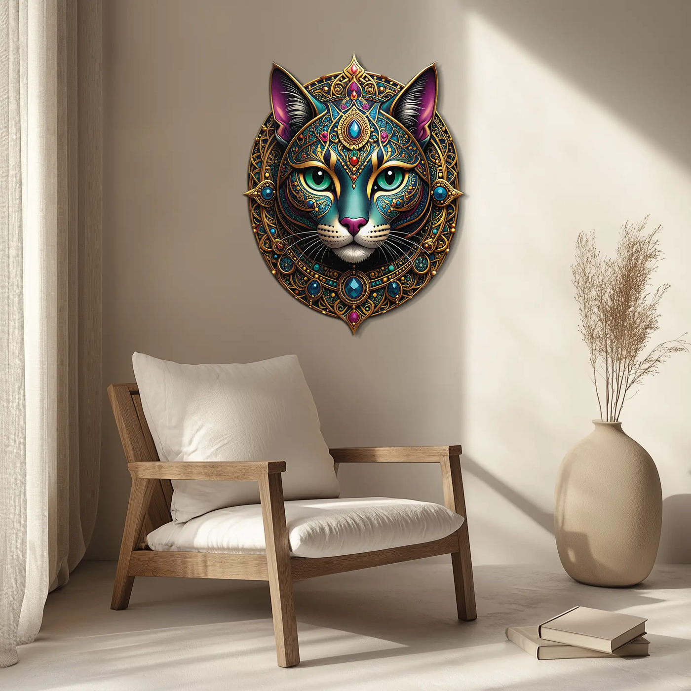 Mystic Mandala Cat Metal Wall Art – Boho Feline Decor-KAFUVM037 by Enova Art