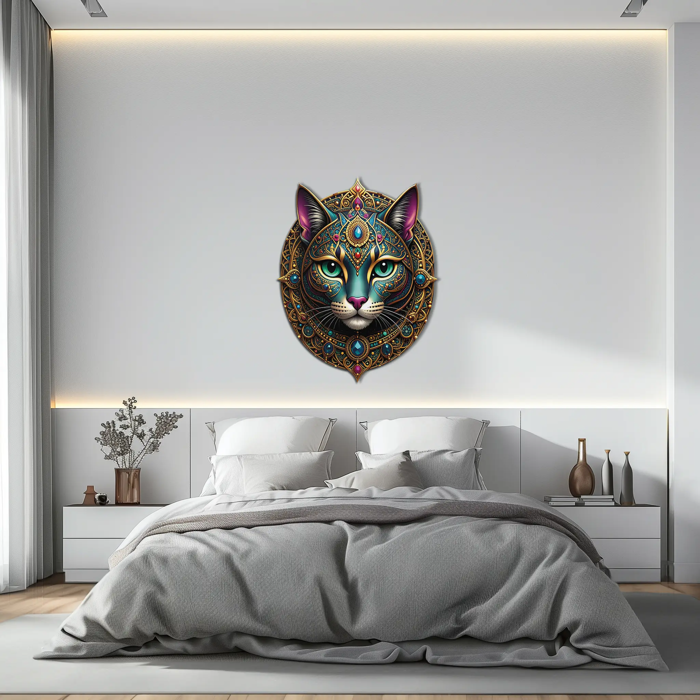 Mystic Mandala Cat Metal Wall Art – Boho Feline Decor-KAFUVM037 by Enova Art