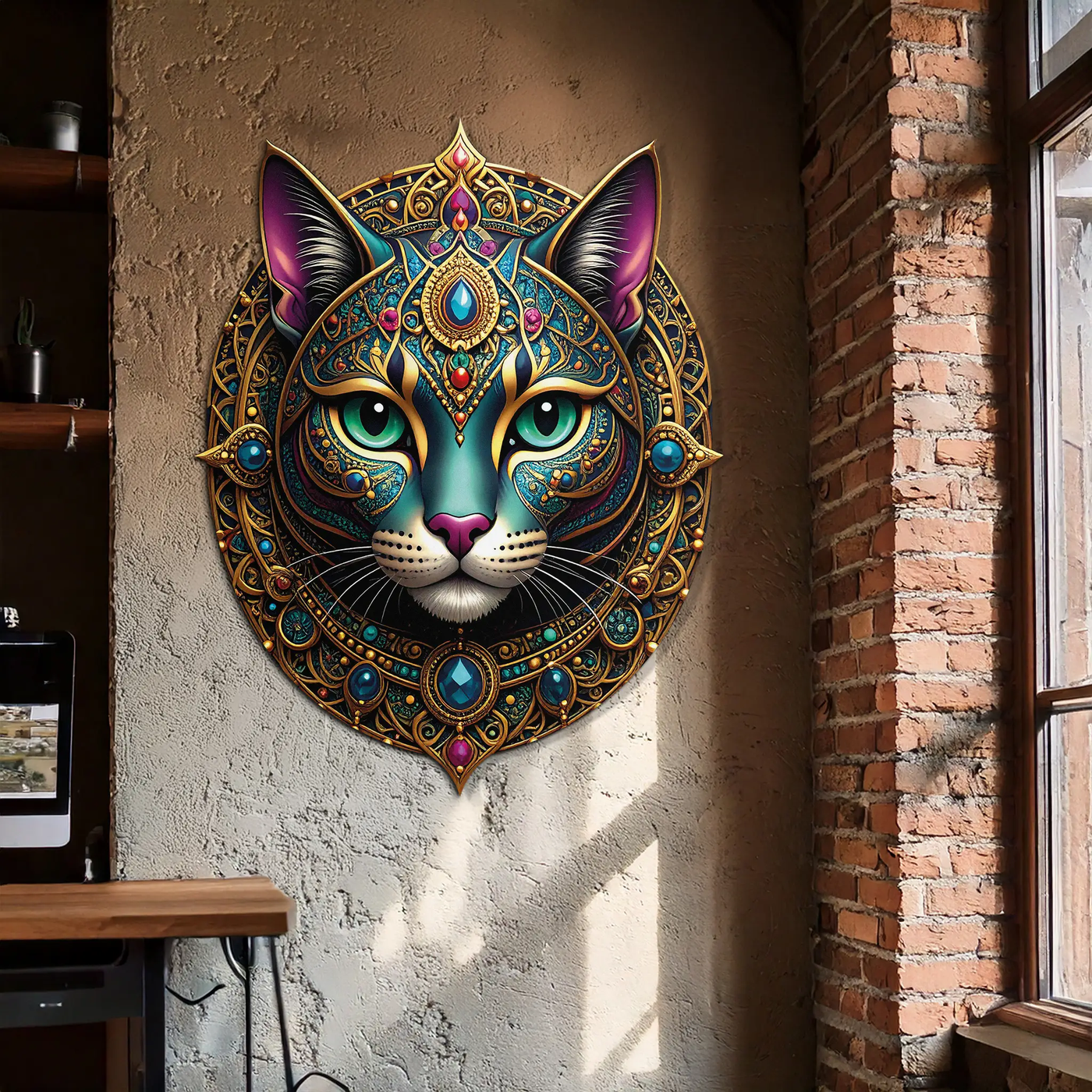 Mystic Mandala Cat Metal Wall Art – Boho Feline Decor-KAFUVM037 by Enova Art