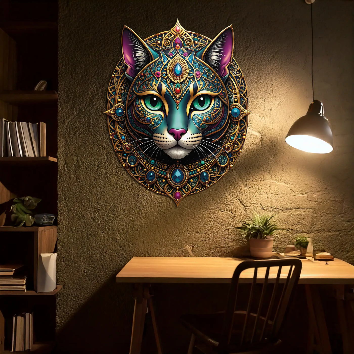 Mystic Mandala Cat Metal Wall Art – Boho Feline Decor-KAFUVM037 by Enova Art
