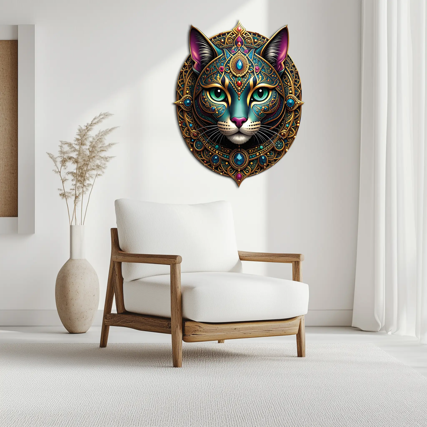 Mystic Mandala Cat Metal Wall Art – Boho Feline Decor-KAFUVM037 by Enova Art