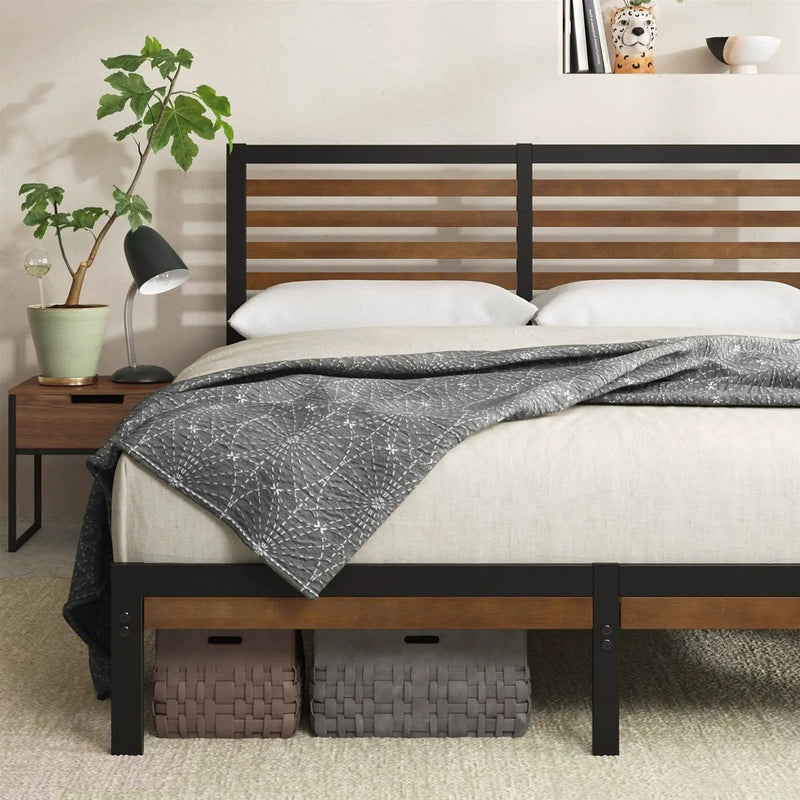 Queen Metal Platform Bed Frame with Bamboo Wood Slat Headboard and Footboard by HomePacific
