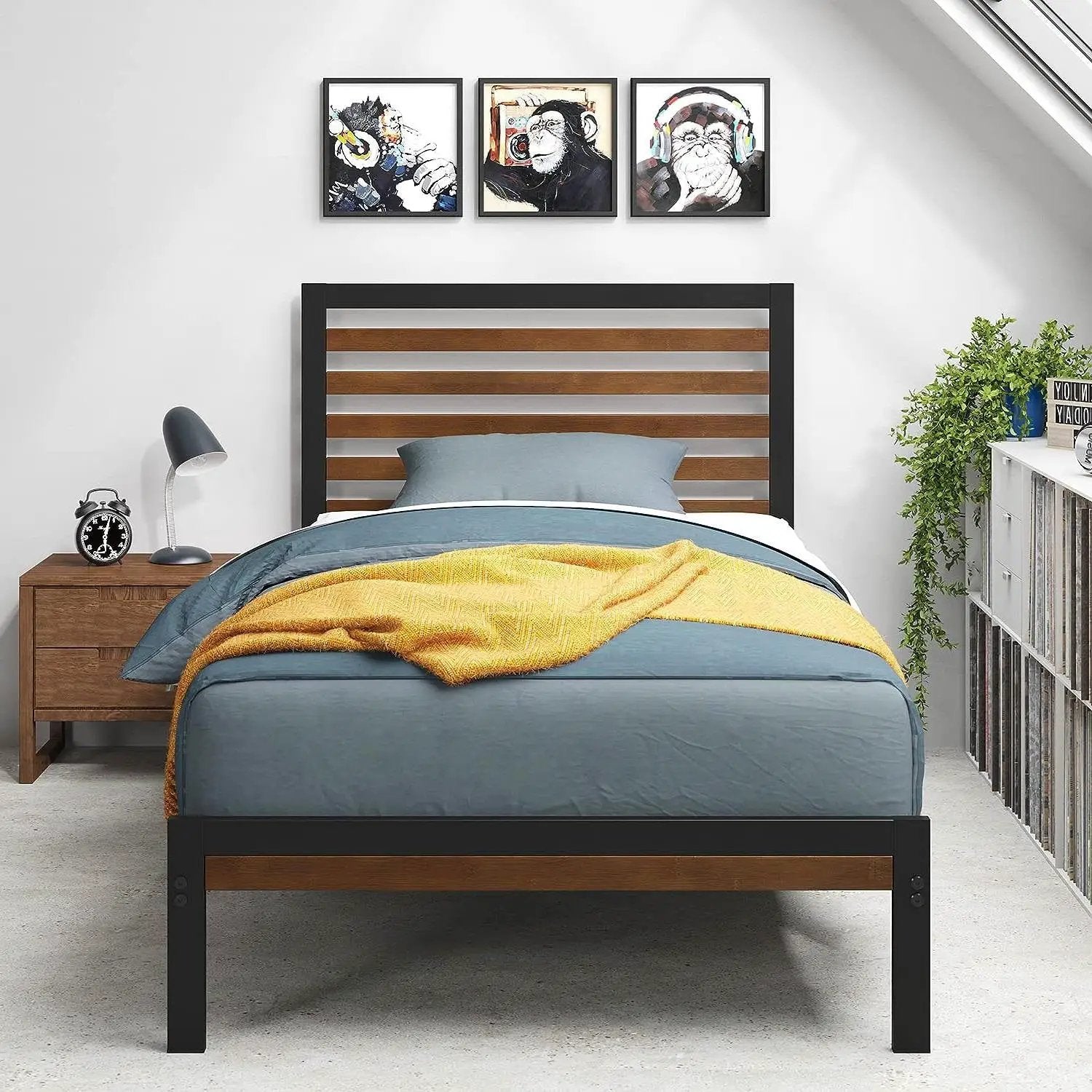 Twin Metal Platform Bed Frame with Bamboo Wood Slatted Headboard and Footboard by HomePacific