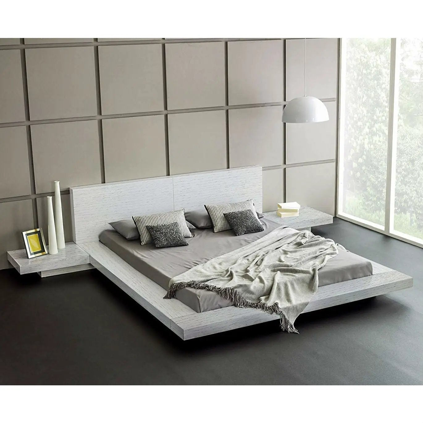 King Modern Platform Bed with Headboard and 2 Nightstand in Ash White by HomePacific