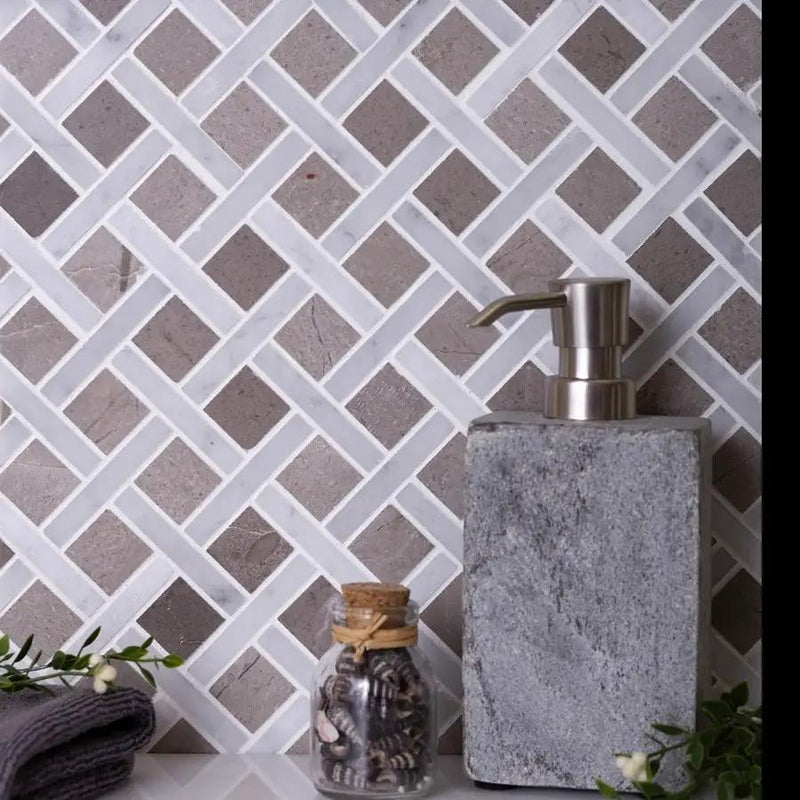 Bianco Carrara Eastern Beige 12x12 Polished Basketweave Marble Mosaic Tile (5 pack, 5 sq ft/case) by Apollo Tile