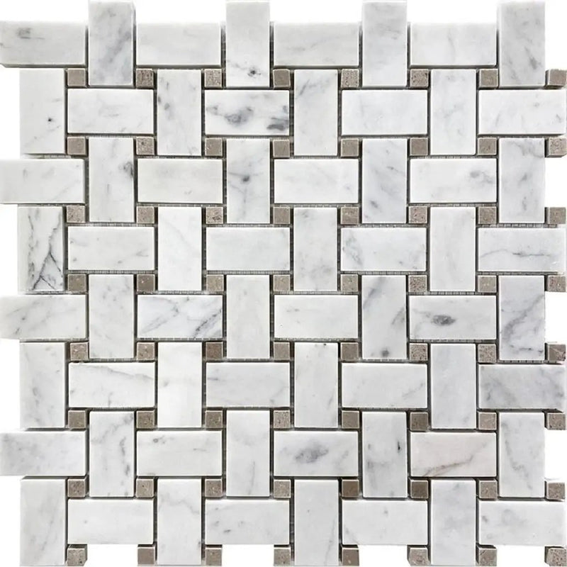 Bianco Carrara, Eastern Beige 12x12 Polished Basketweave Marble Mosaic Tile (5 pack, 5 sq ft/case) by Apollo Tile