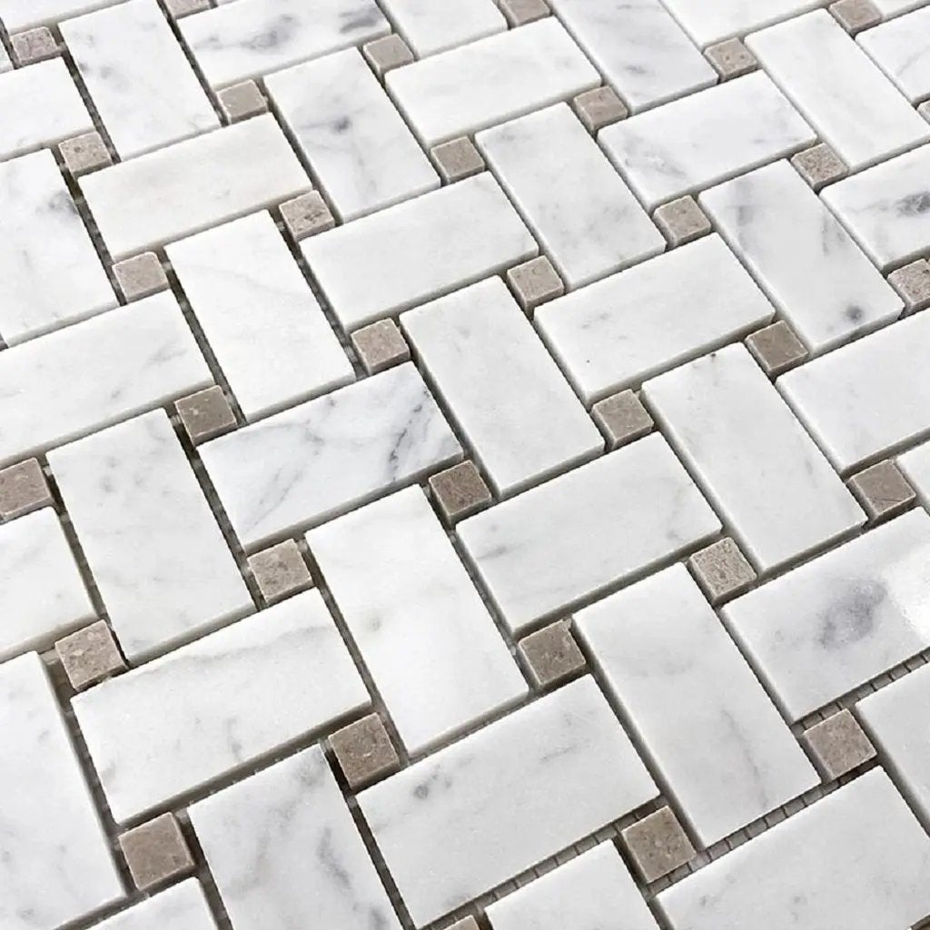 Bianco Carrara, Eastern Beige 12x12 Polished Basketweave Marble Mosaic Tile (5 pack, 5 sq ft/case) by Apollo Tile