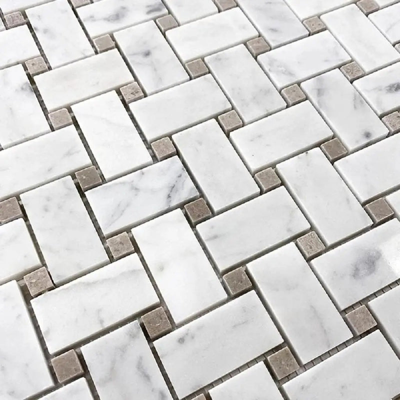 Bianco Carrara, Eastern Beige 12x12 Polished Basketweave Marble Mosaic Tile (5 pack, 5 sq ft/case) by Apollo Tile