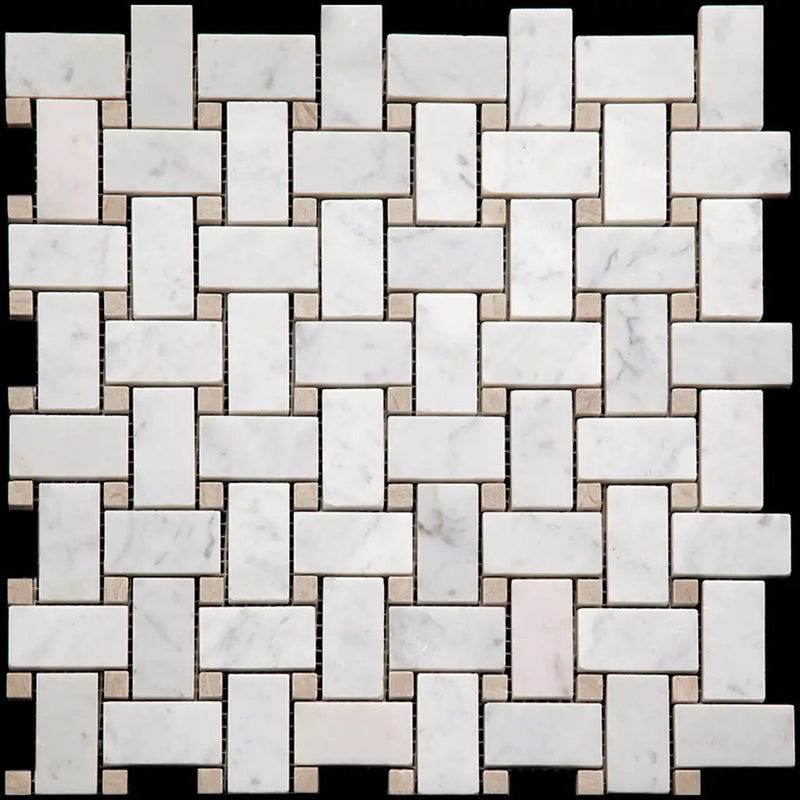Bianco Carrara, Eastern Beige 12x12 Polished Basketweave Marble Mosaic Tile (5 pack, 5 sq ft/case) by Apollo Tile