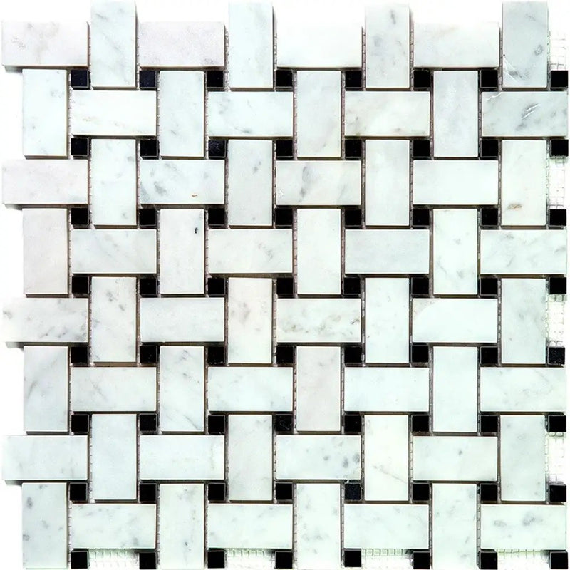 Bianco Carrara, Eastern Black 12x12 Polished Basketweave Marble Mosaic Tile (5 pack, 5 sq ft/case) by Apollo Tile