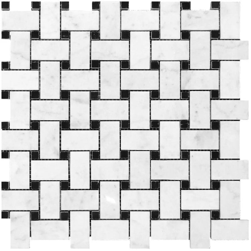 Bianco Carrara, Eastern Black 12x12 Polished Basketweave Marble Mosaic Tile (5 pack, 5 sq ft/case) by Apollo Tile