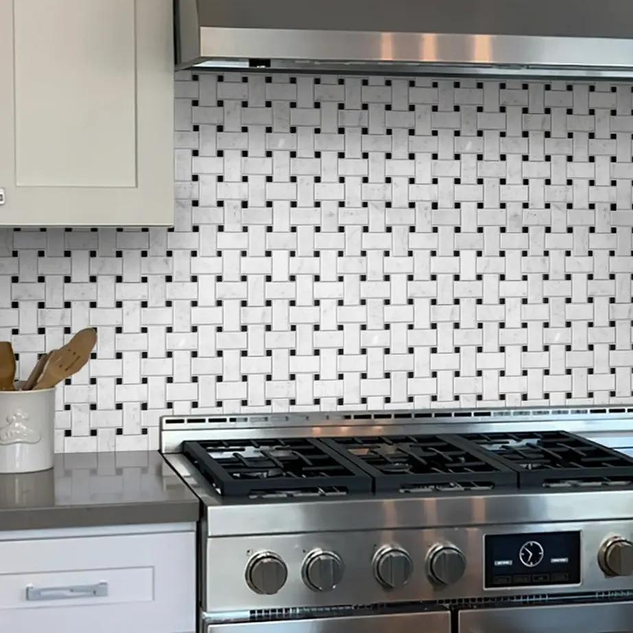 Bianco Carrara, Eastern Black 12x12 Polished Basketweave Marble Mosaic Tile (5 pack, 5 sq ft/case) by Apollo Tile
