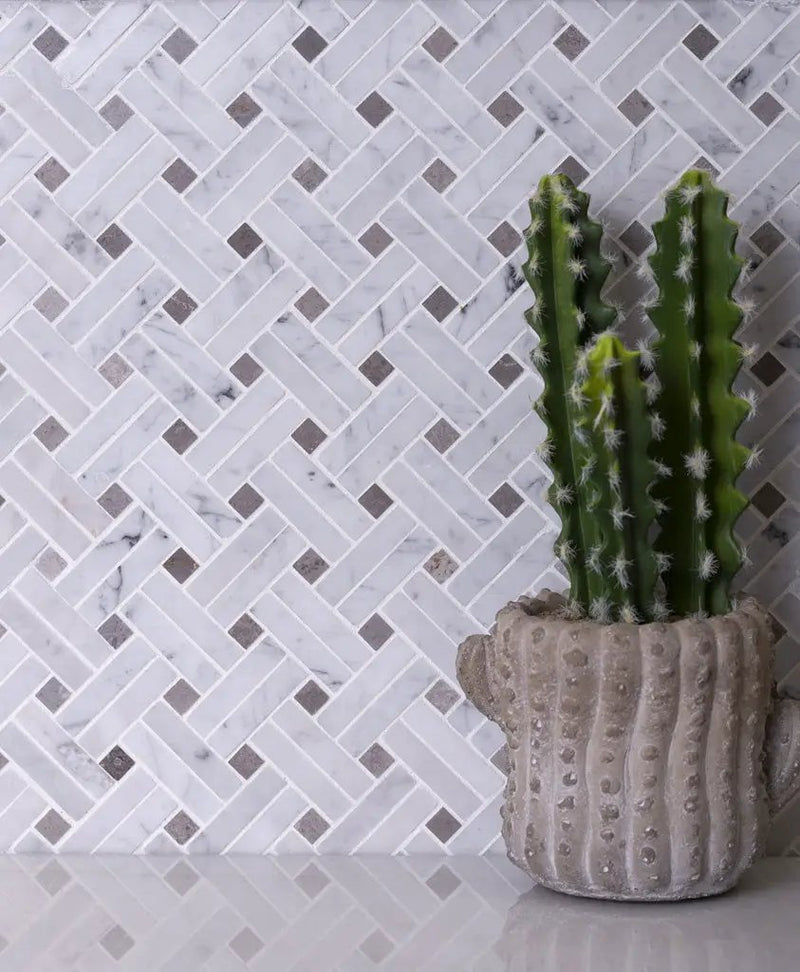 Bianco Carrara, Eastern Beige 11x11 Polished Basketweave Marble Mosaic Tile (5 pack, 4.47 sq ft/case) by Apollo Tile