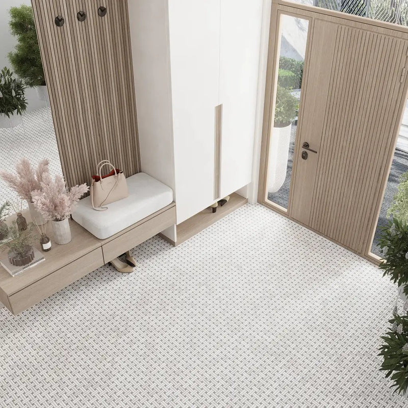Bianco Carrara, Eastern Beige 11x11 Polished Basketweave Marble Mosaic Tile (5 pack, 4.47 sq ft/case) by Apollo Tile
