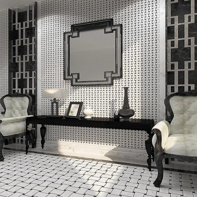 Bianco Carrara, Eastern Black 11x11 Polished Basketweave Marble Mosaic Tile (5 pack, 4.2 sq ft/case) by Apollo Tile