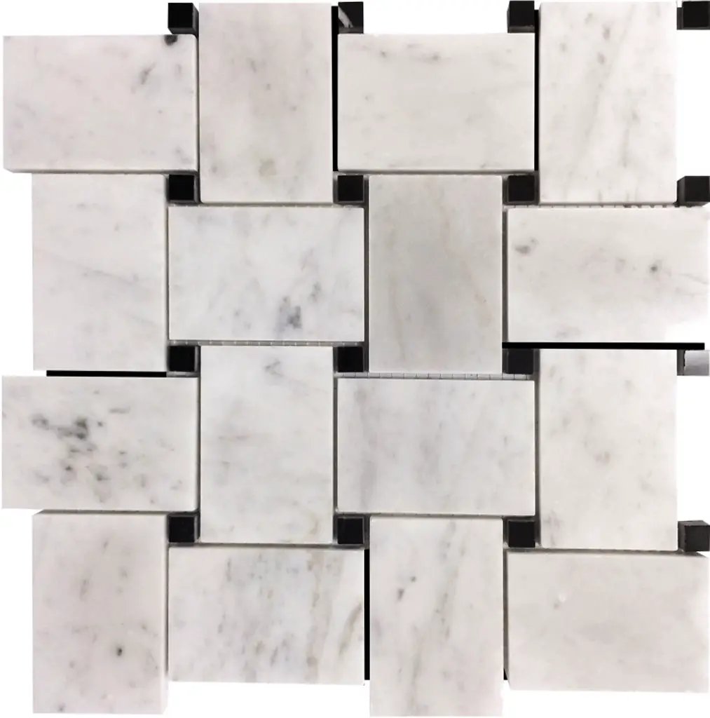 Bianco Carrara, Eastern Black 11x11 Polished Basketweave Marble Mosaic Tile (5 pack, 4.2 sq ft/case) by Apollo Tile