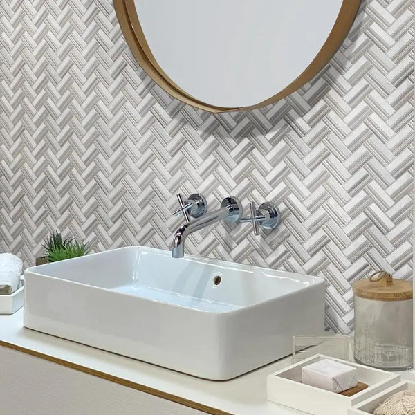 Bianco Carrara Eastern Beige 11x12 Polished Herringbone Marble Mosaic Tile (5 pack, 4.71 sq ft/case)