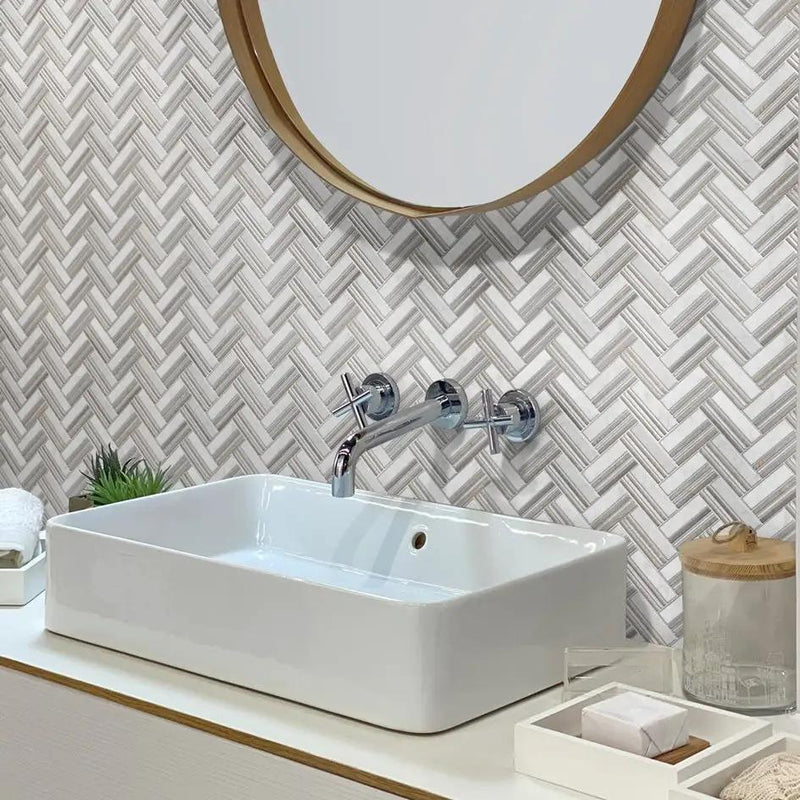 Bianco Carrara Eastern Beige 11x12 Polished Herringbone Marble Mosaic Tile (5 pack, 4.71 sq ft/case) by Apollo Tile