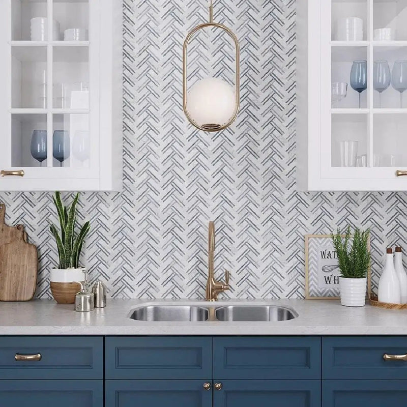 Eastern White and Blue 11x12 Polished Herringbone Marble Mosaic Tile (5 pack, 4.71 sq ft/case) by Apollo Tile