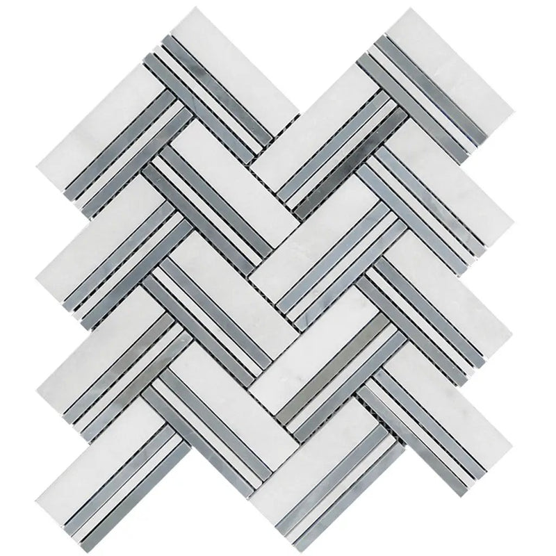 Eastern White and Blue 11x12 Polished Herringbone Marble Mosaic Tile (5 pack, 4.71 sq ft/case) by Apollo Tile