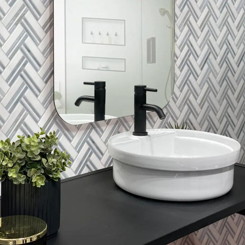 Eastern White and Blue 11x12 Polished Herringbone Marble Mosaic Tile (5 pack, 4.71 sq ft/case) by Apollo Tile