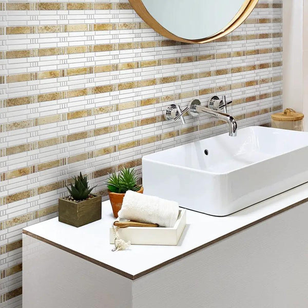 Eastern White, Beige Travertine 12x12 Polished Brick Marble Mosaic Tile (5 pack, 5 sq ft/case)