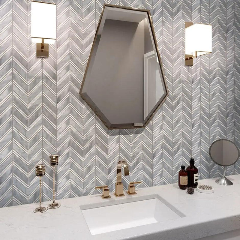 Flint Gray 11x12 Polished Herringbone Bardiglio Nuvolato Bianco Carrara Marble Mosaic Tile (5 pack, 4.51 sq ft/case) by Apollo Tile