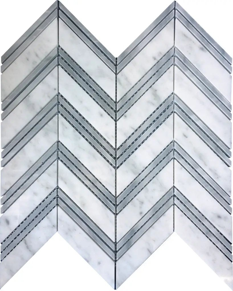 Gray White 11x12 Polished Herringbone Bianco Carrara Bardiglio Nuvolato Marble Mosaic Tile (5 pack, 4.51 sq ft/case) by Apollo Tile