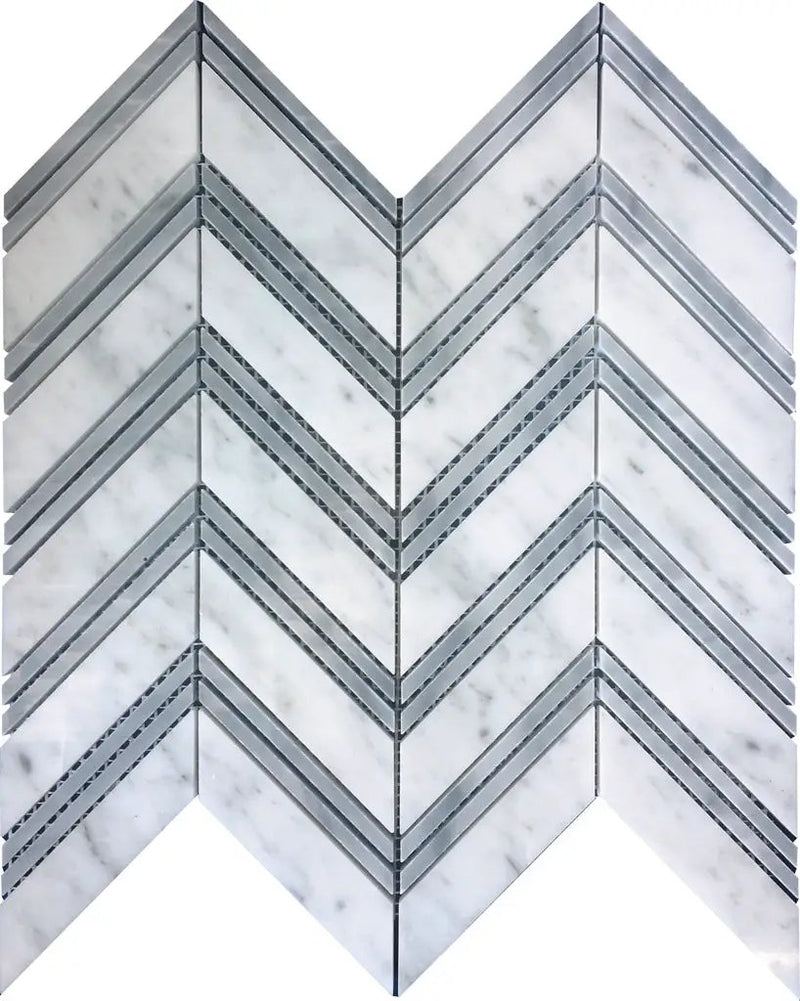 Gray White 11x12 Polished Herringbone Bianco Carrara Bardiglio Nuvolato Marble Mosaic Tile (5 pack, 4.51 sq ft/case) by Apollo Tile