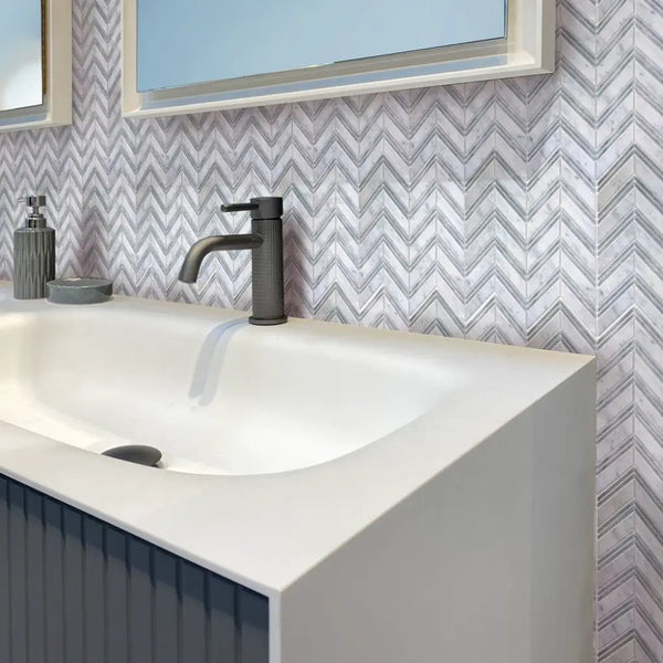 Gray White 11x12 Polished Herringbone Bianco Carrara Bardiglio Nuvolato Marble Mosaic Tile (5 pack, 4.51 sq ft/case)