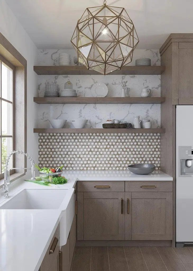 Wooden Beige Eastern White 10x11 Polished Hexagon Marble Mosaic Tile (5 pack, 4.19 sq ft/case) by Apollo Tile