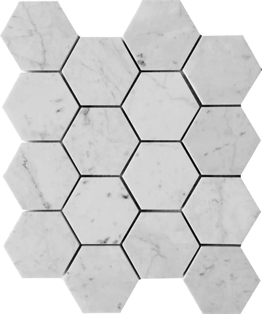 White 10x12 Honed Hexagon Bianco Carrara Marble Mosaic Tile (5 pack, 4.49 sq ft/case) by Apollo Tile