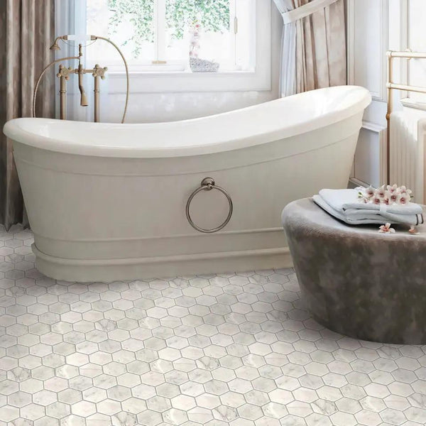 White 10x12 Honed Hexagon Bianco Carrara Marble Mosaic Tile (5 pack, 4.49 sq ft/case)