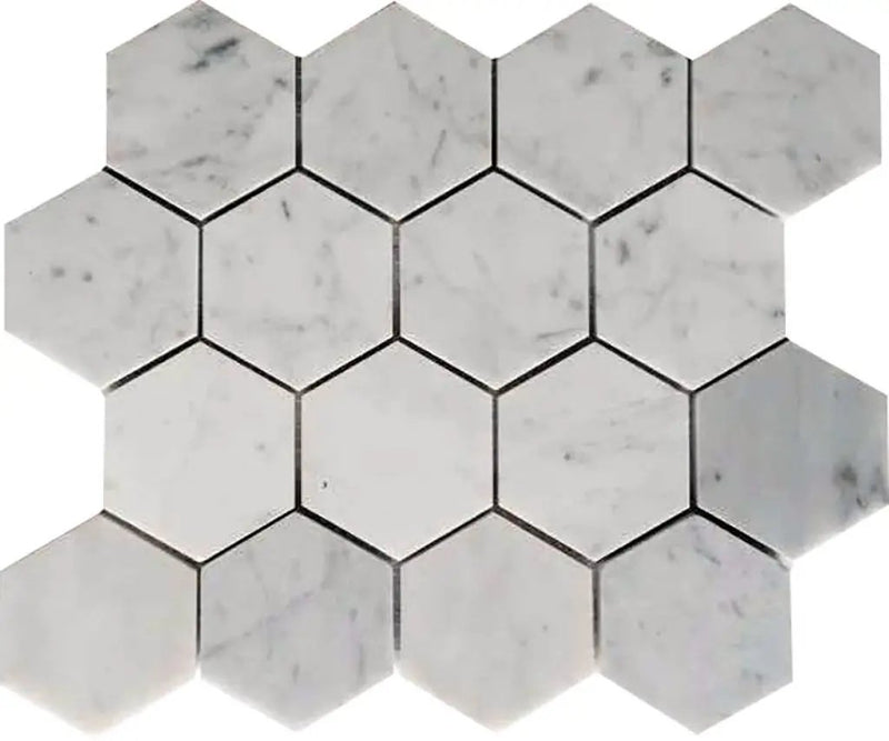 White 10x12 Polished Hexagon Bianco Carrara Marble Mosaic Tile (5 pack, 4.49 sq ft/case) by Apollo Tile