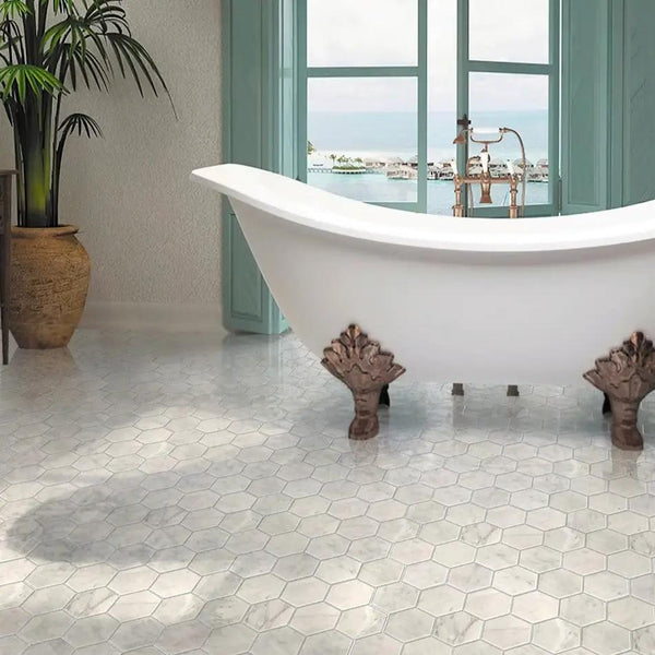 White 10x12 Polished Hexagon Bianco Carrara Marble Mosaic Tile (5 pack, 4.49 sq ft/case)