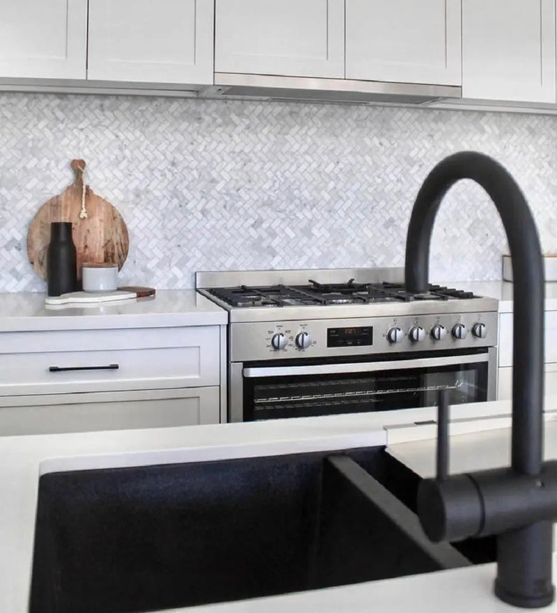 White 12x12 Polished Herringbone Bianco Carrara Marble Mosaic Tile (5 pack, 4.83 sq ft/case) by Apollo Tile
