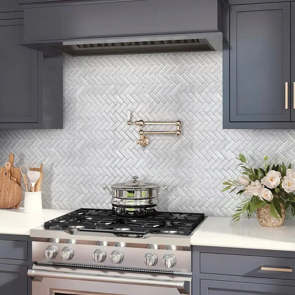 White 12x12 Polished Herringbone Bianco Carrara Marble Mosaic Tile (5 pack, 5.29 sq ft/case)