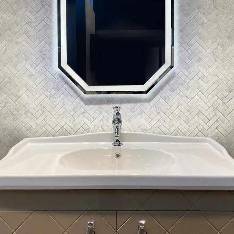 White 12x12 Honed Herringbone Bianco Carrara Marble Mosaic Tile (5 pack, 5.29 sq ft/case) by Apollo Tile