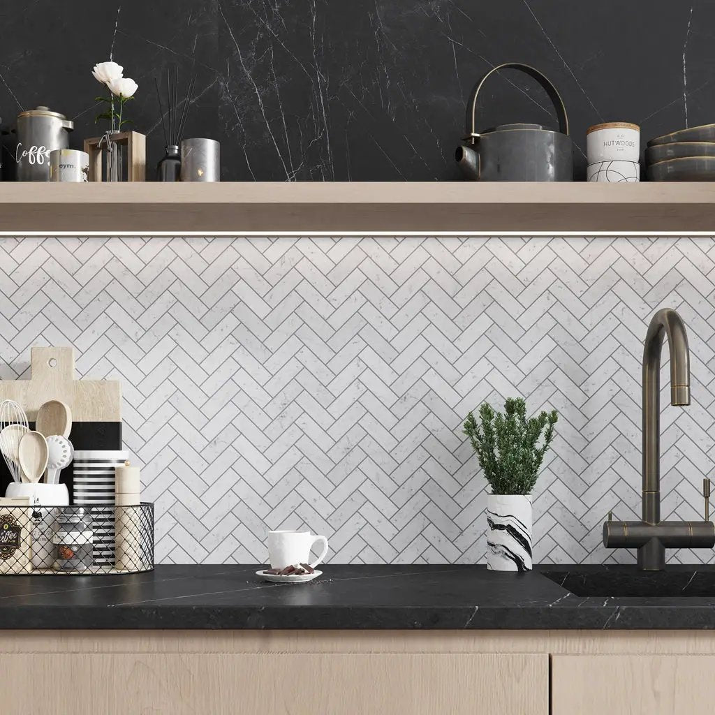 White 12x12 Honed Herringbone Bianco Carrara Marble Mosaic Tile (5 pack, 5.29 sq ft/case) by Apollo Tile