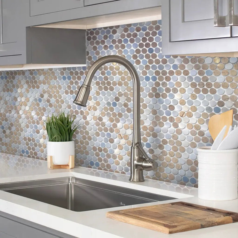 Crema Marfil Eastern White 11x12 Polished Penny Round Marble Mosaic Tile (5 pack, 4.83 sq ft/case) by Apollo Tile